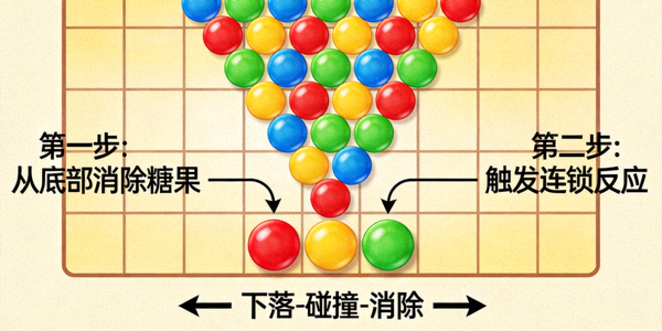 糖果消除策略图解：从底部开始消除引发连锁反应